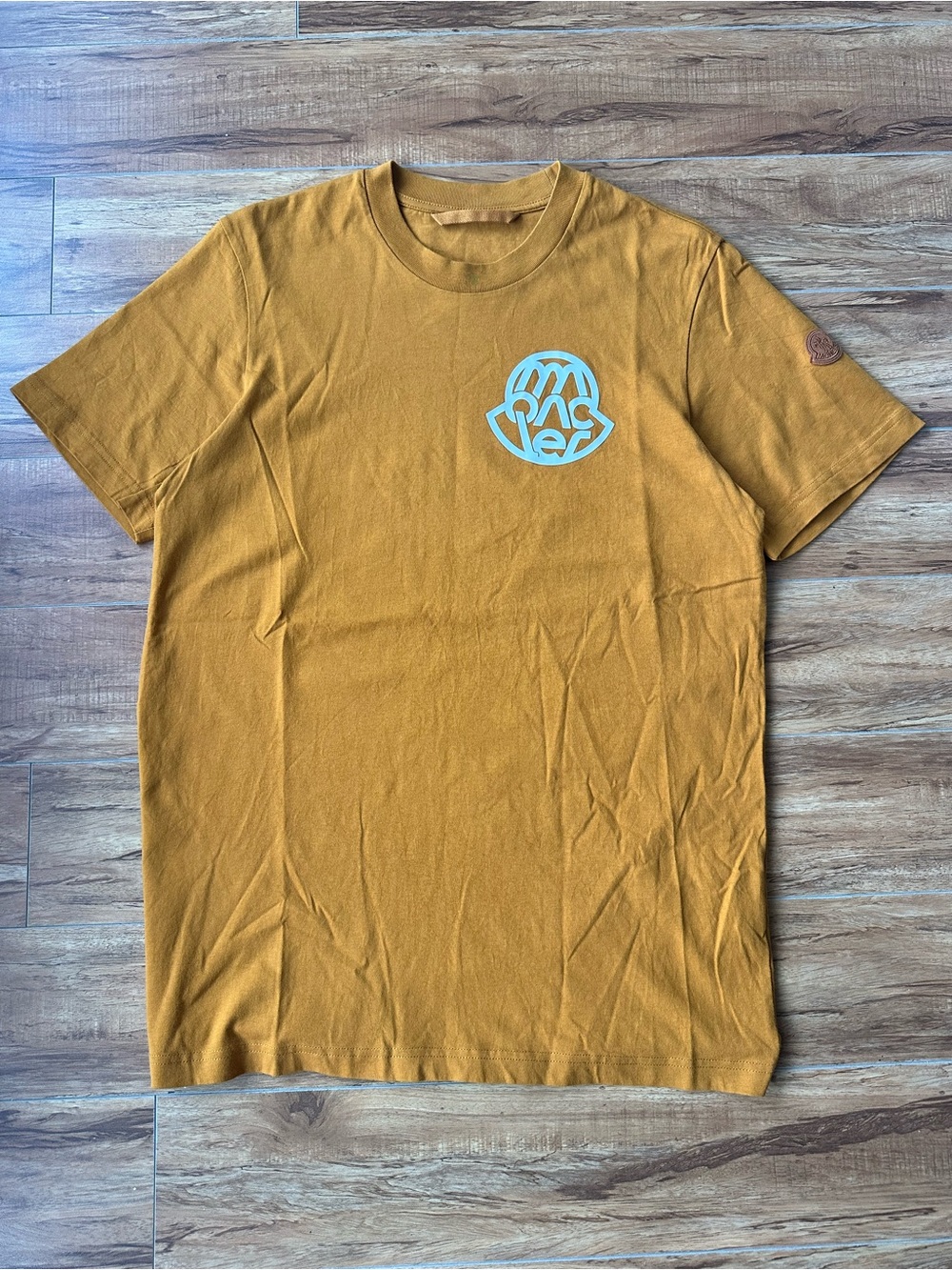 Moncler Mustard Short Sleeve Tee with Light Blue Logo